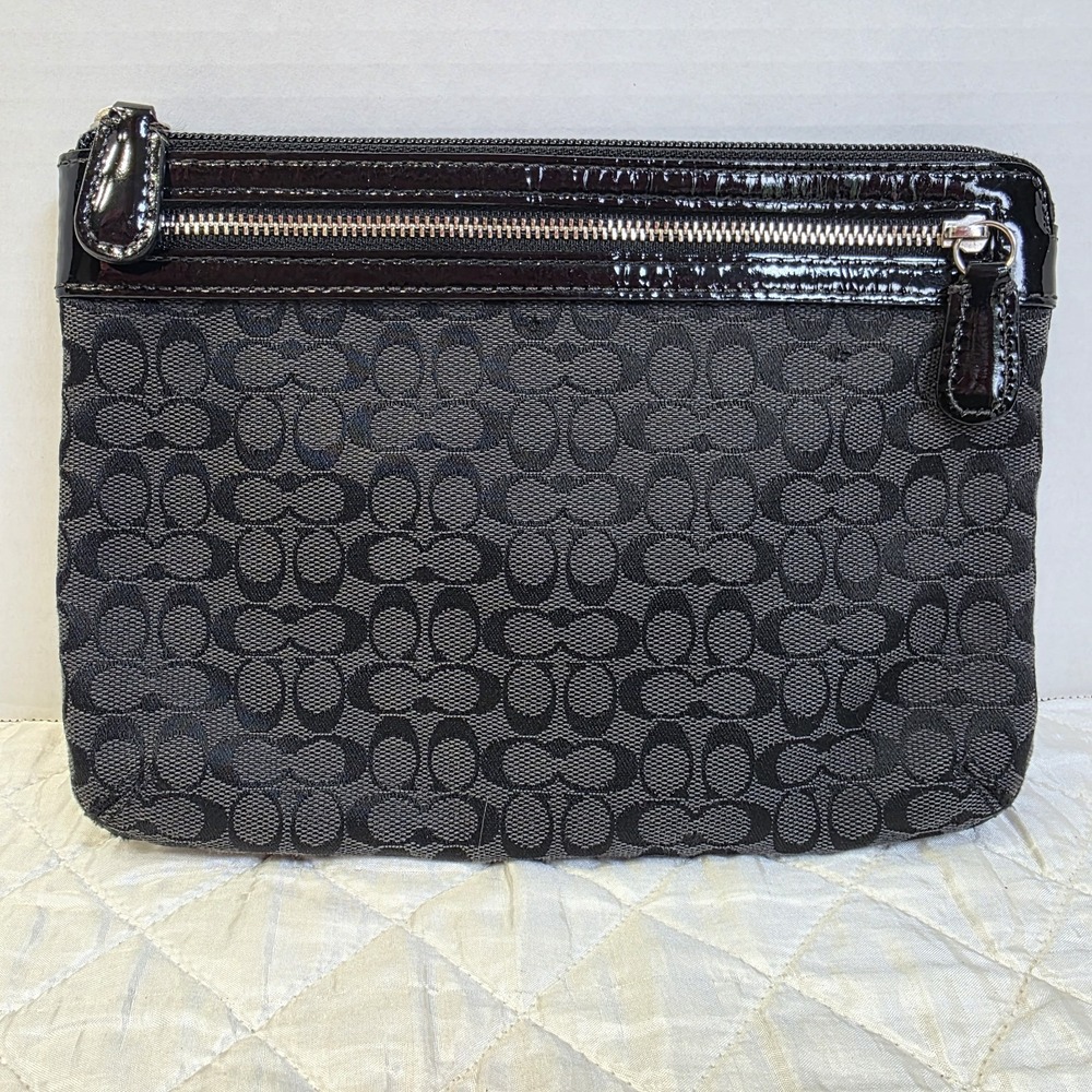 Coach Black Large Signature Patent Trim Zipper Pouch  Front Pocket Clutch Bag